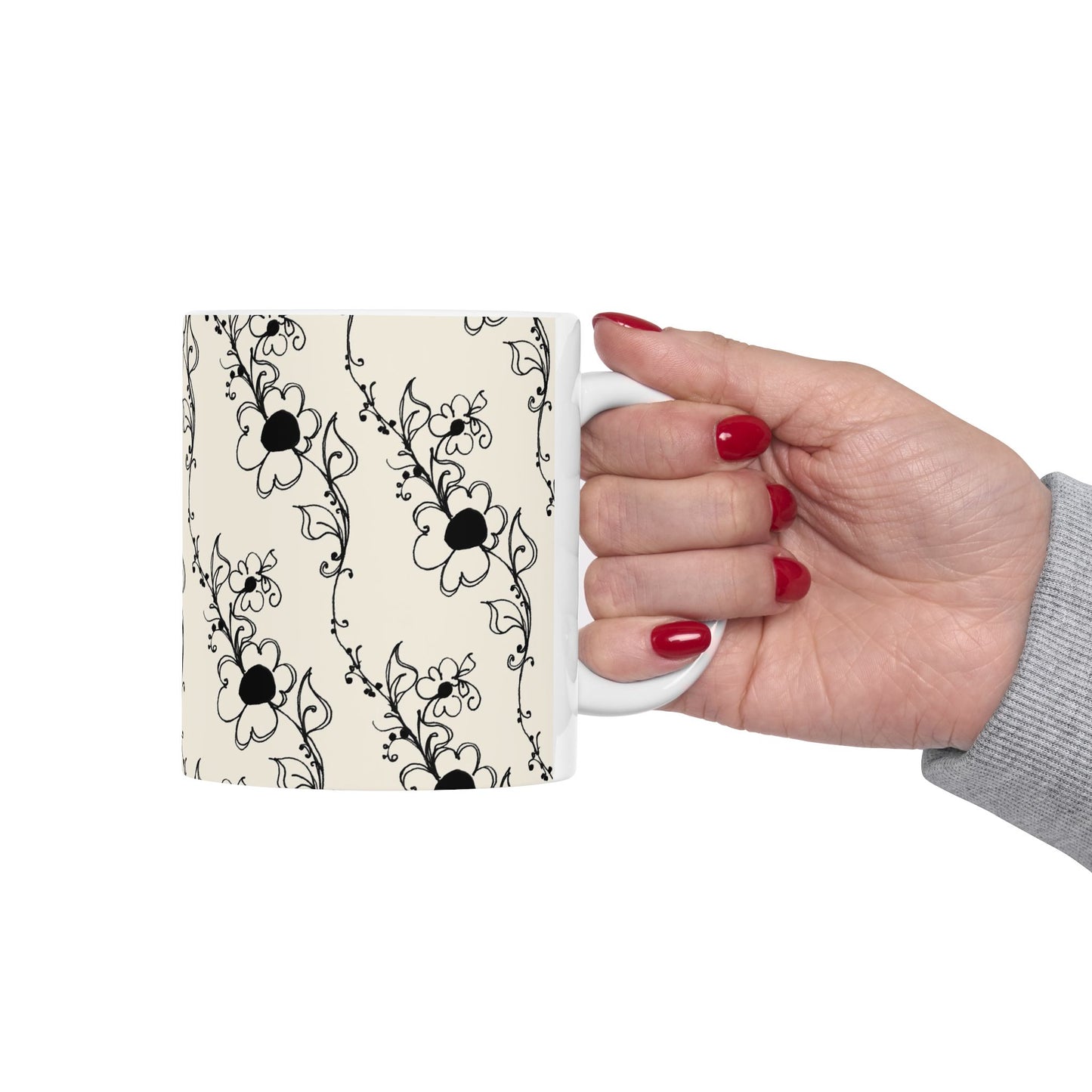 Diagonal Daisies Ivory / Black Cup
