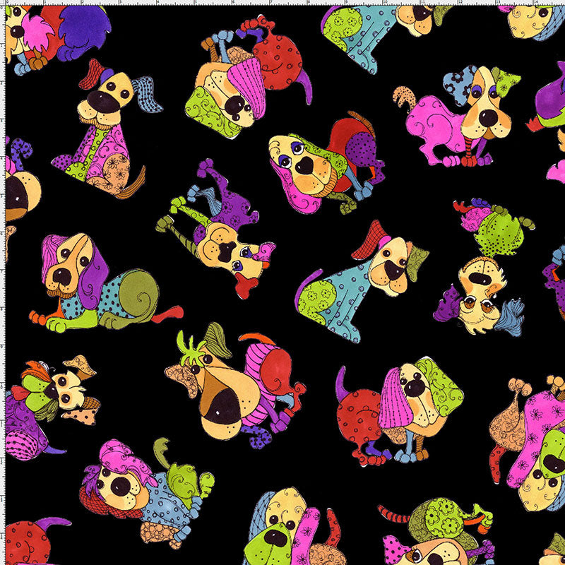 Tossed Happy Dogs Black Fabric