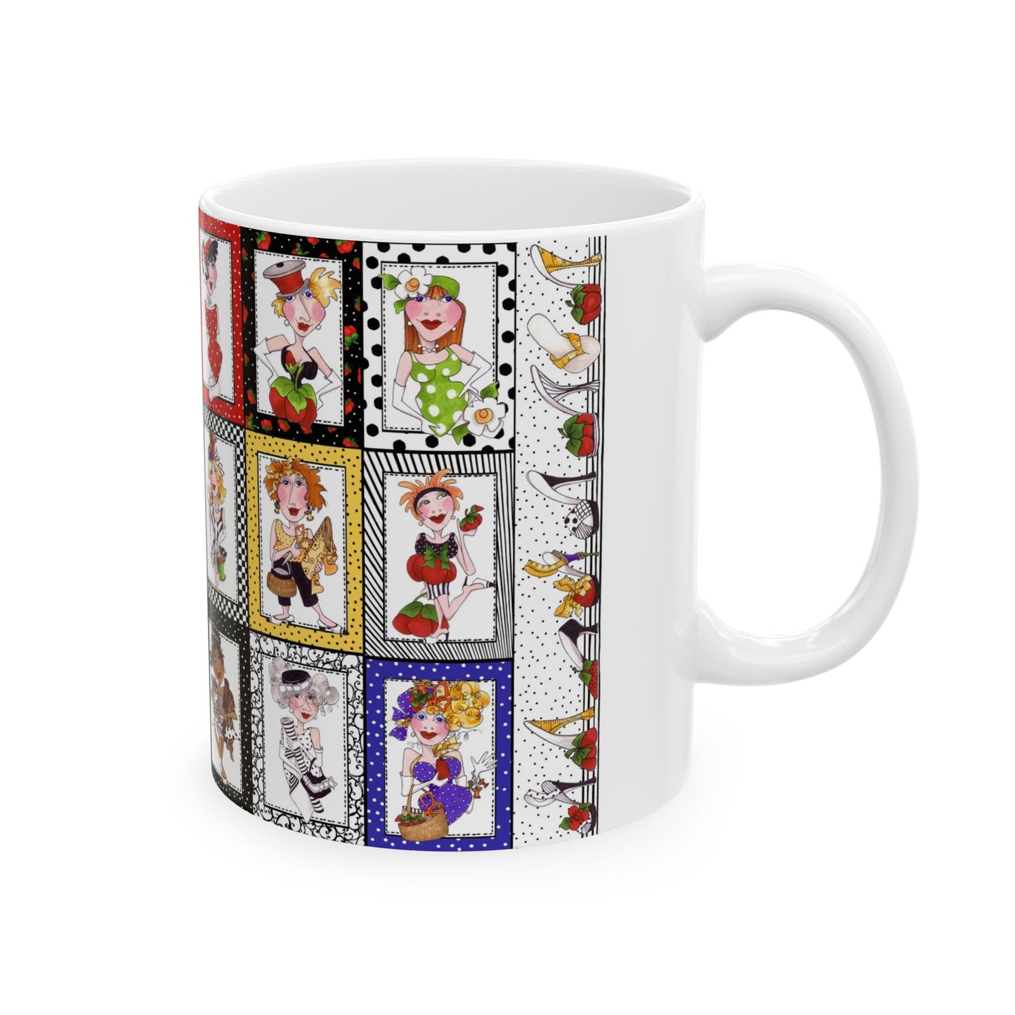 White mug with colorful cartoon characters in framed panels, featuring polka dots and stripes.