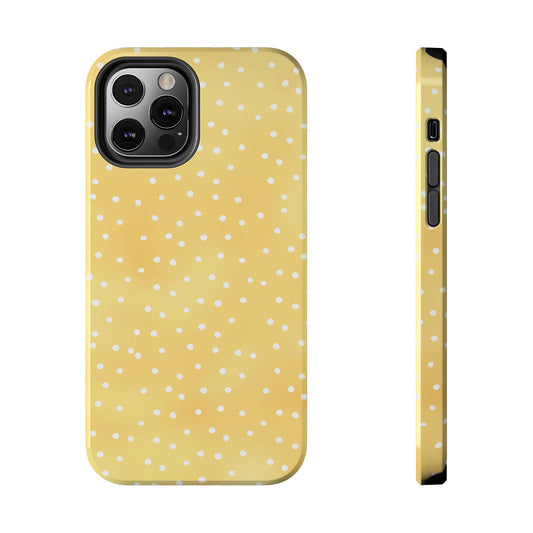 Yellow phone case with white polka dots, shown from back and side views.