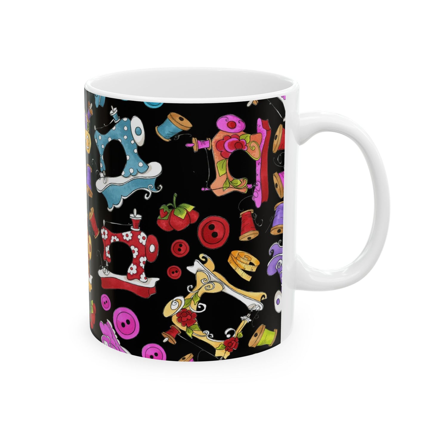 Colorful sewing machine and button pattern on a black mug, featuring red, blue, and yellow highlights.