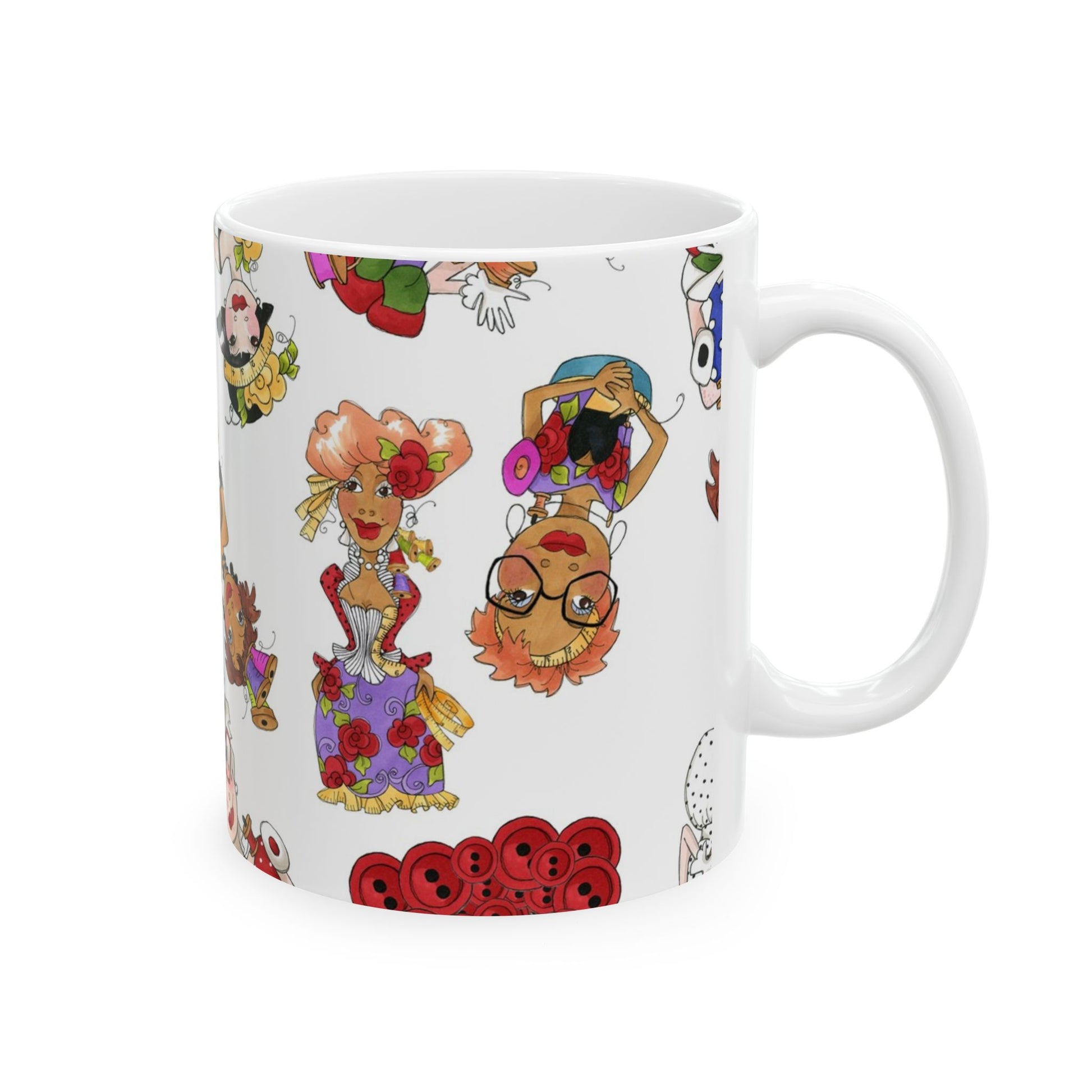 White mug with colorful cartoon characters in various outfits and accessories.