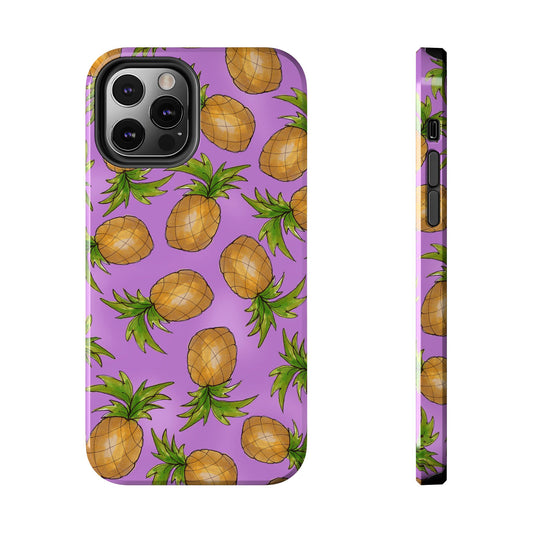 Phone case with pineapples on a purple background, featuring green leaves and brown fruit.