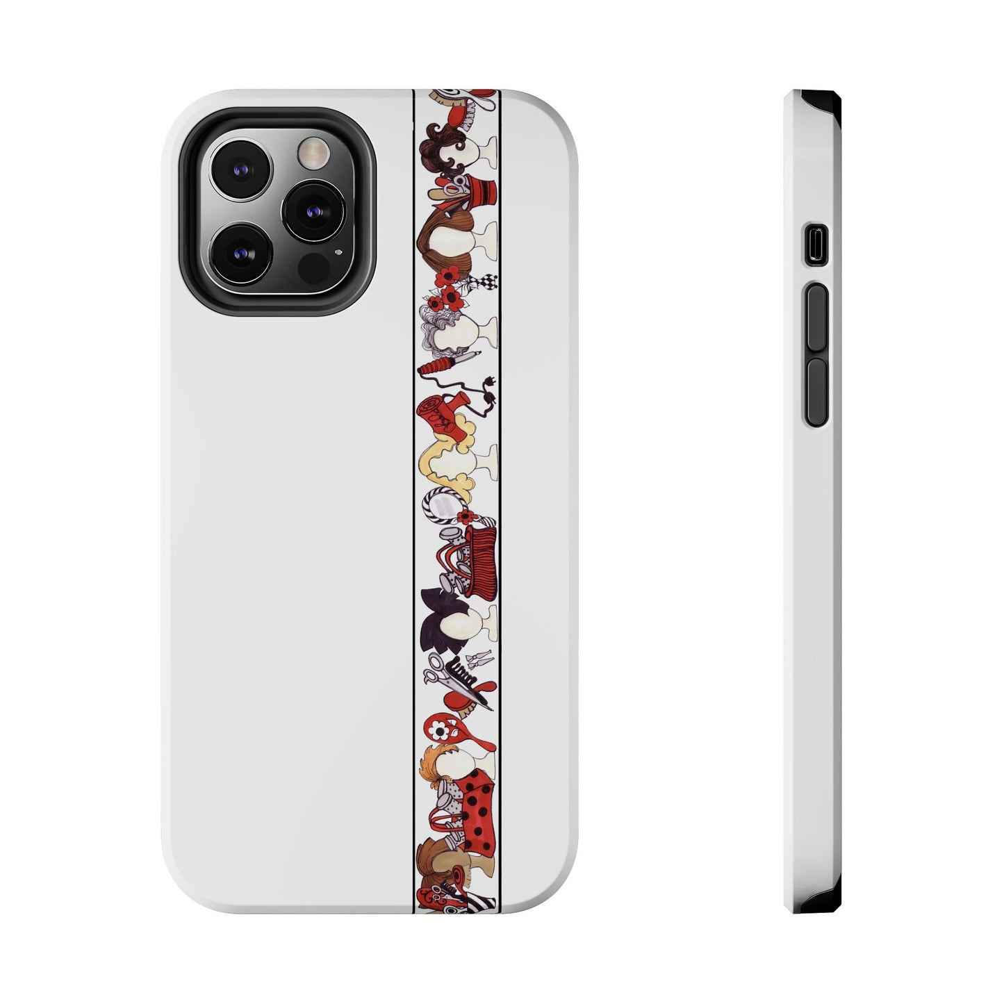 White phone case with a colorful cartoon strip down the center, featuring red and black accents.
