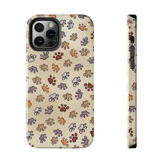 Phone case with multicolored paw prints on a beige background, shown front and side views.