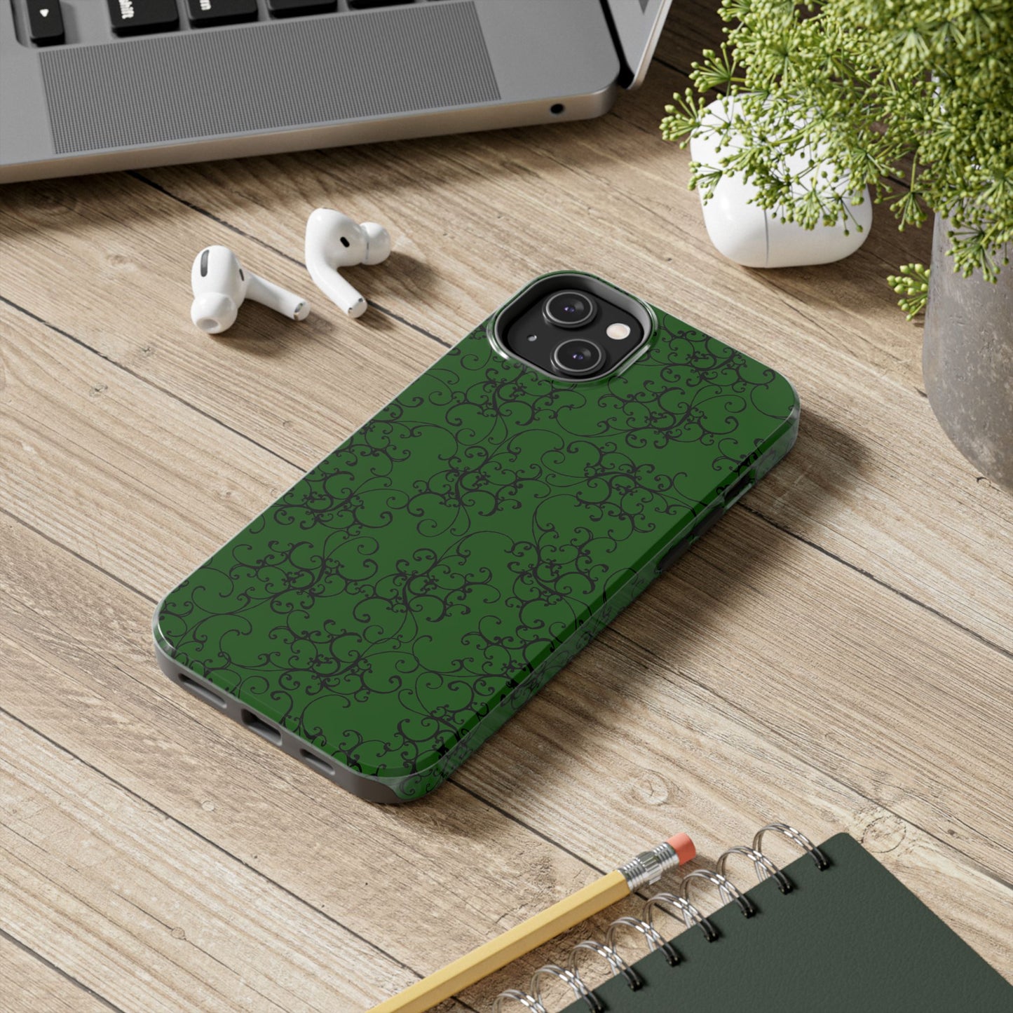 Elegant Scroll Dark Green / Black Phone Case