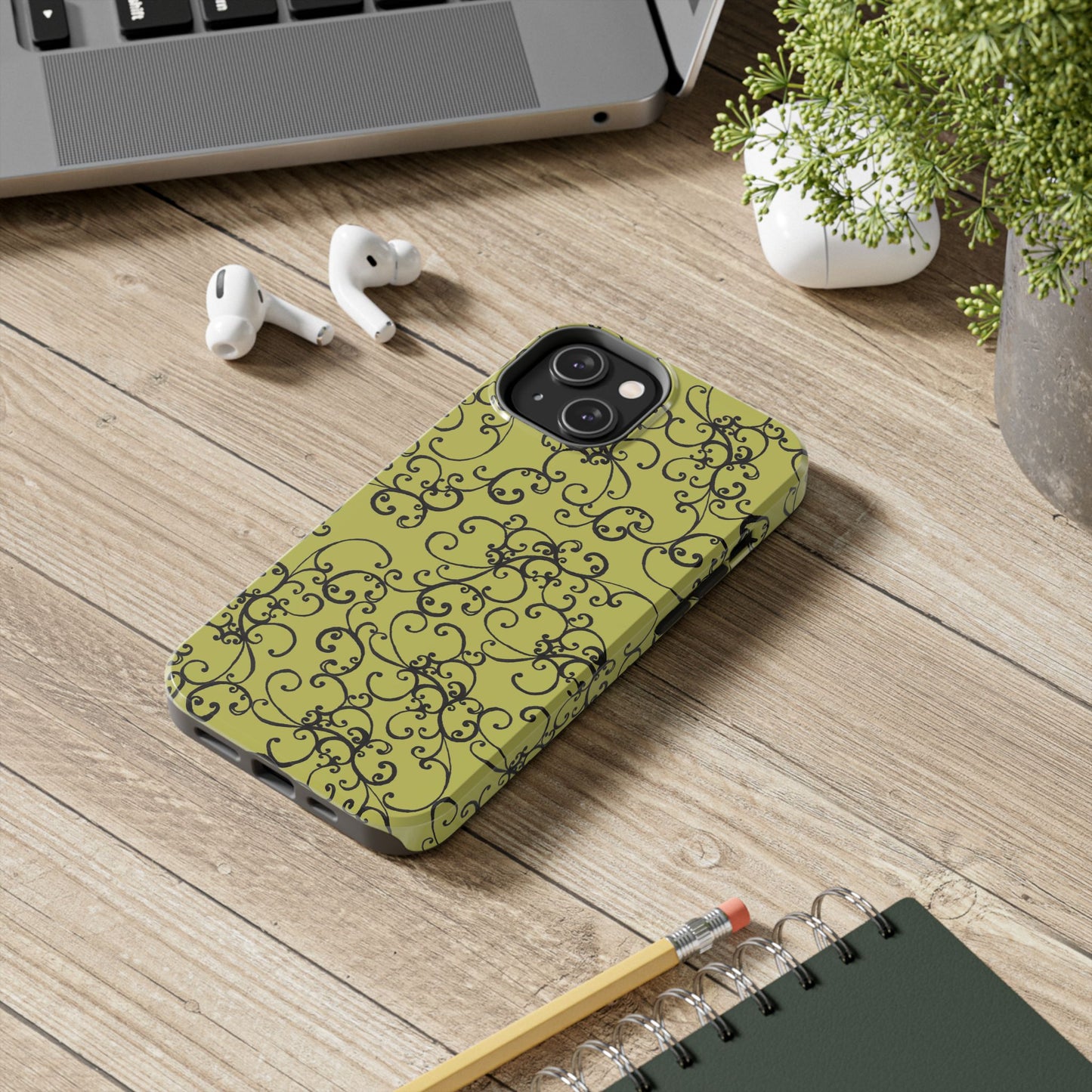 Elegant Scroll Green / Black Phone Case