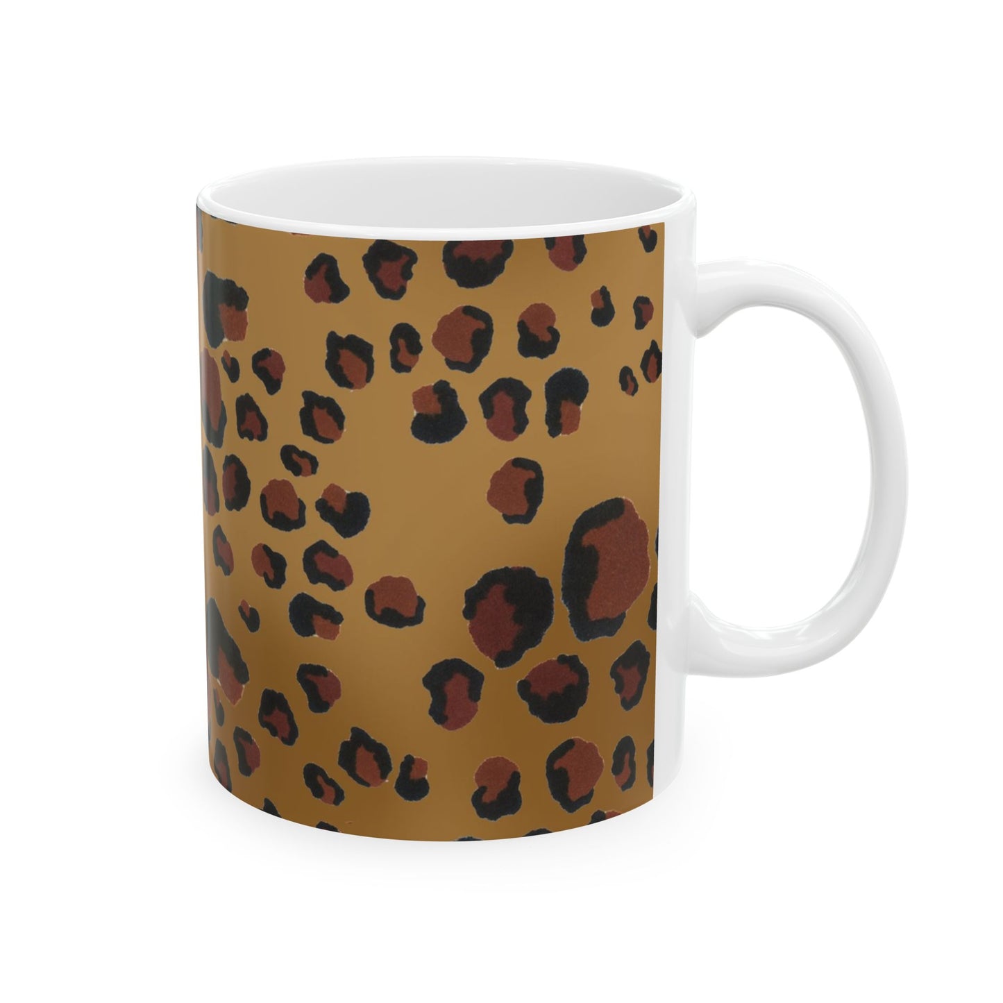 White mug with brown leopard print pattern on a tan background.