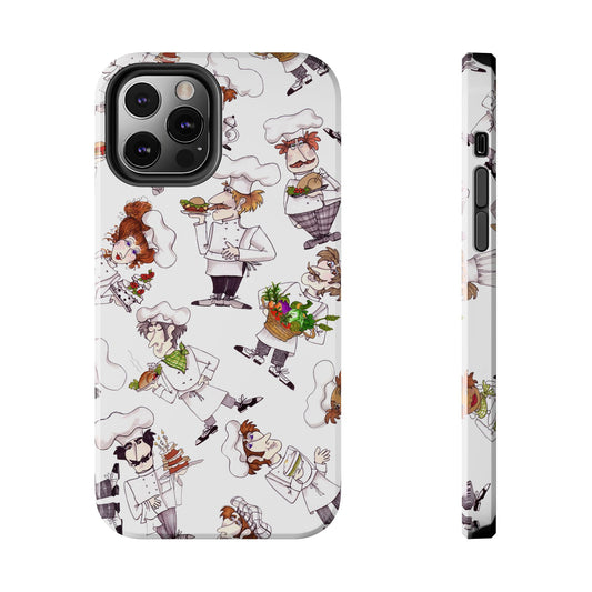 Cartoon chefs with food on a white phone case; chefs wear white hats and hold various dishes.
