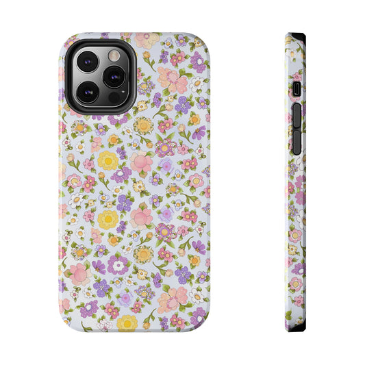 Floral phone case with pastel flowers in pink, yellow, and purple on a white background.