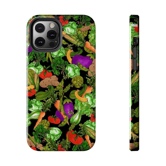 Colorful vegetable pattern on a black phone case, featuring peppers, broccoli, and carrots.