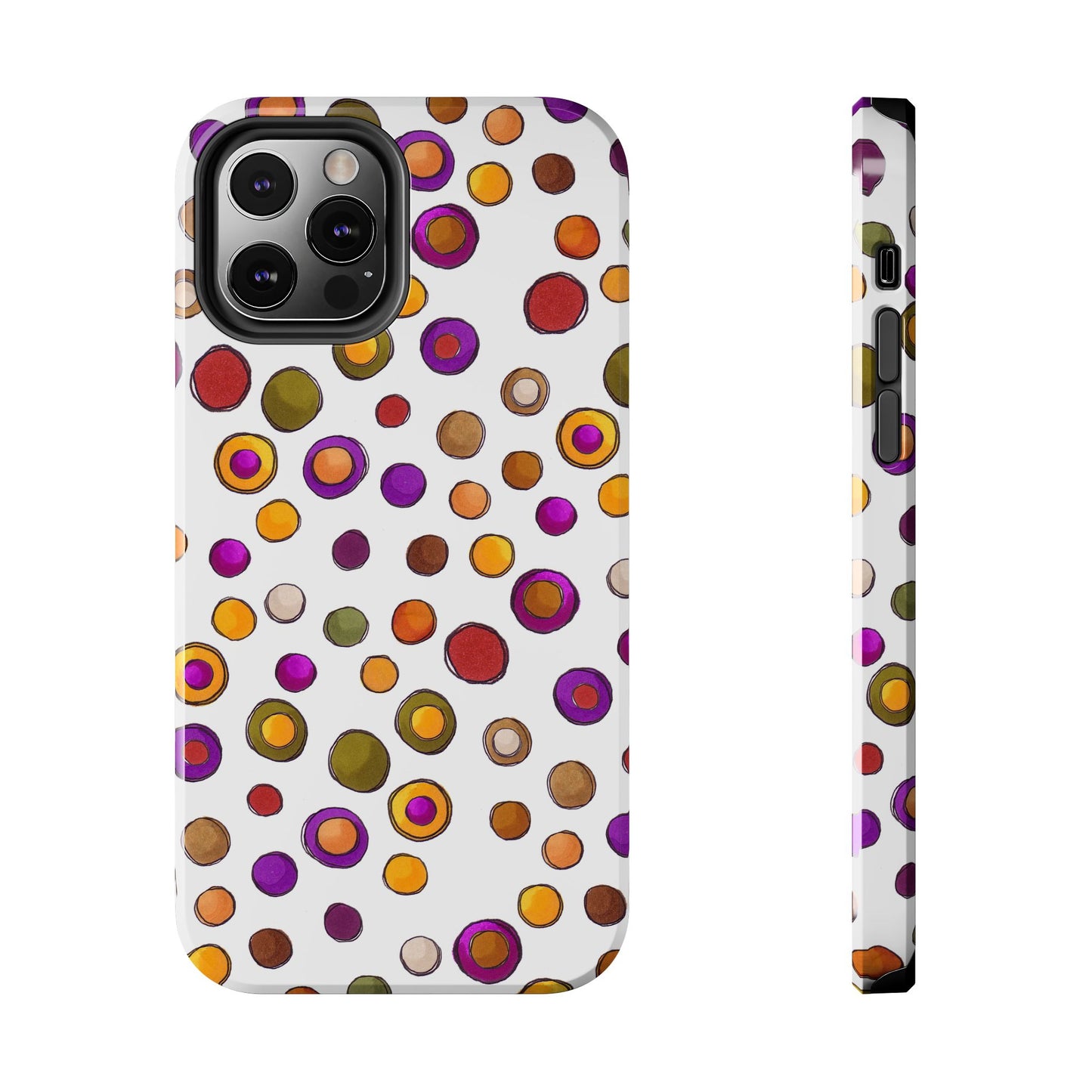 Phone case with colorful circles in purple, orange, red, and green on a white background.