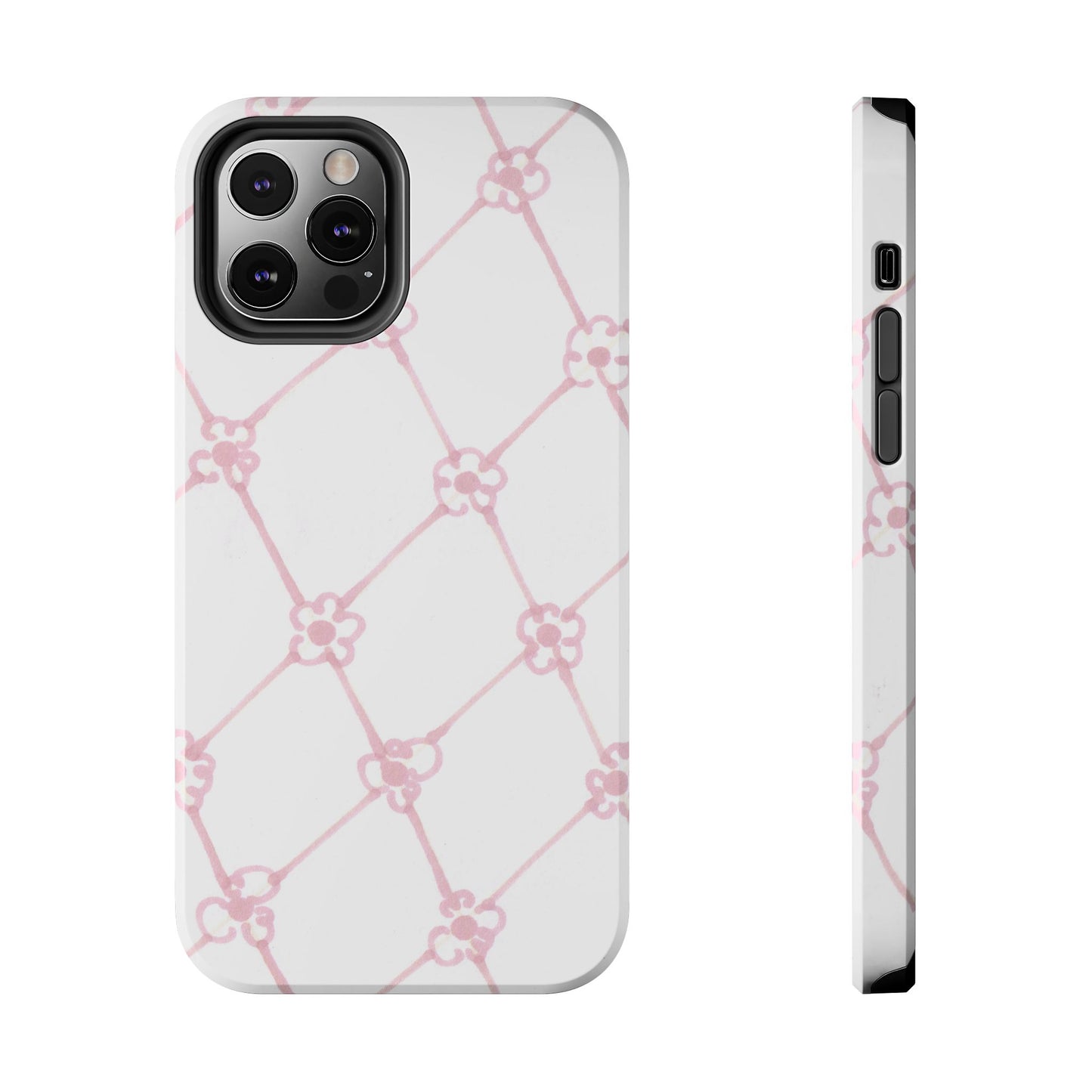 White phone case with pink floral lattice pattern, featuring camera cutout and side buttons.