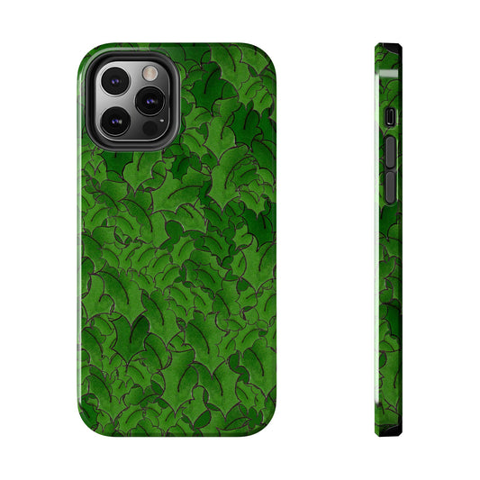 Green phone case with overlapping leafy pattern, featuring black outlines and side button cutouts.