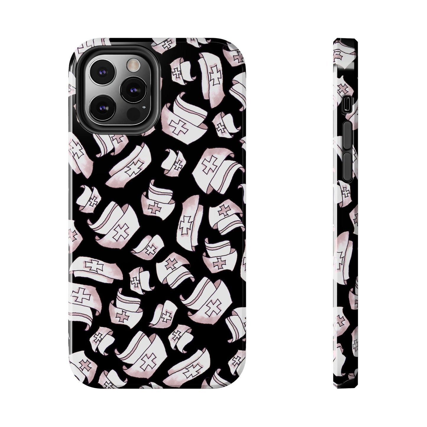 Black phone case with pink nurse hats featuring red crosses, shown front and side view.
