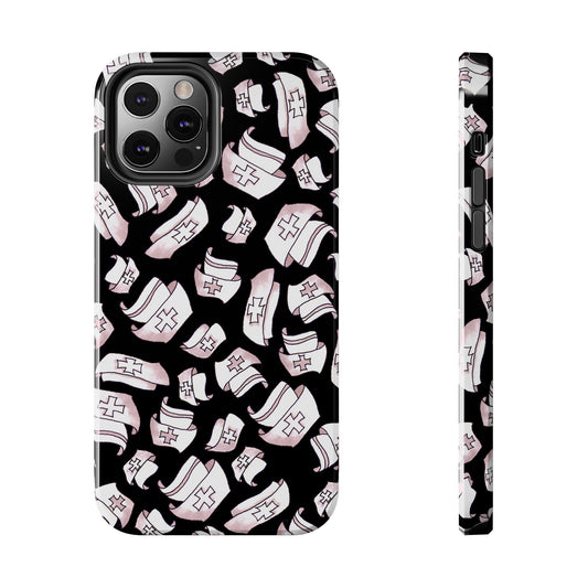 Black phone case with pink nurse hats featuring red crosses, shown front and side view.