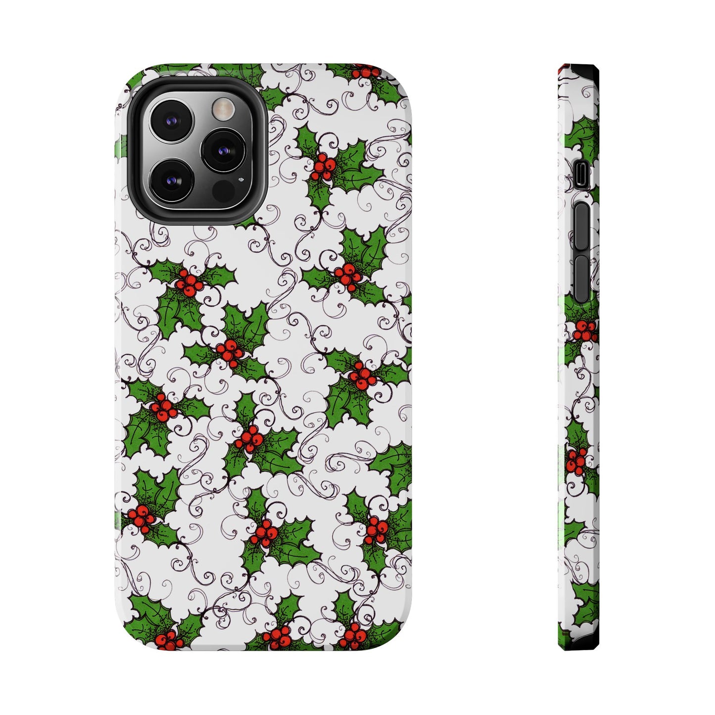 Phone case with green holly leaves and red berries on a white background with swirling vines.