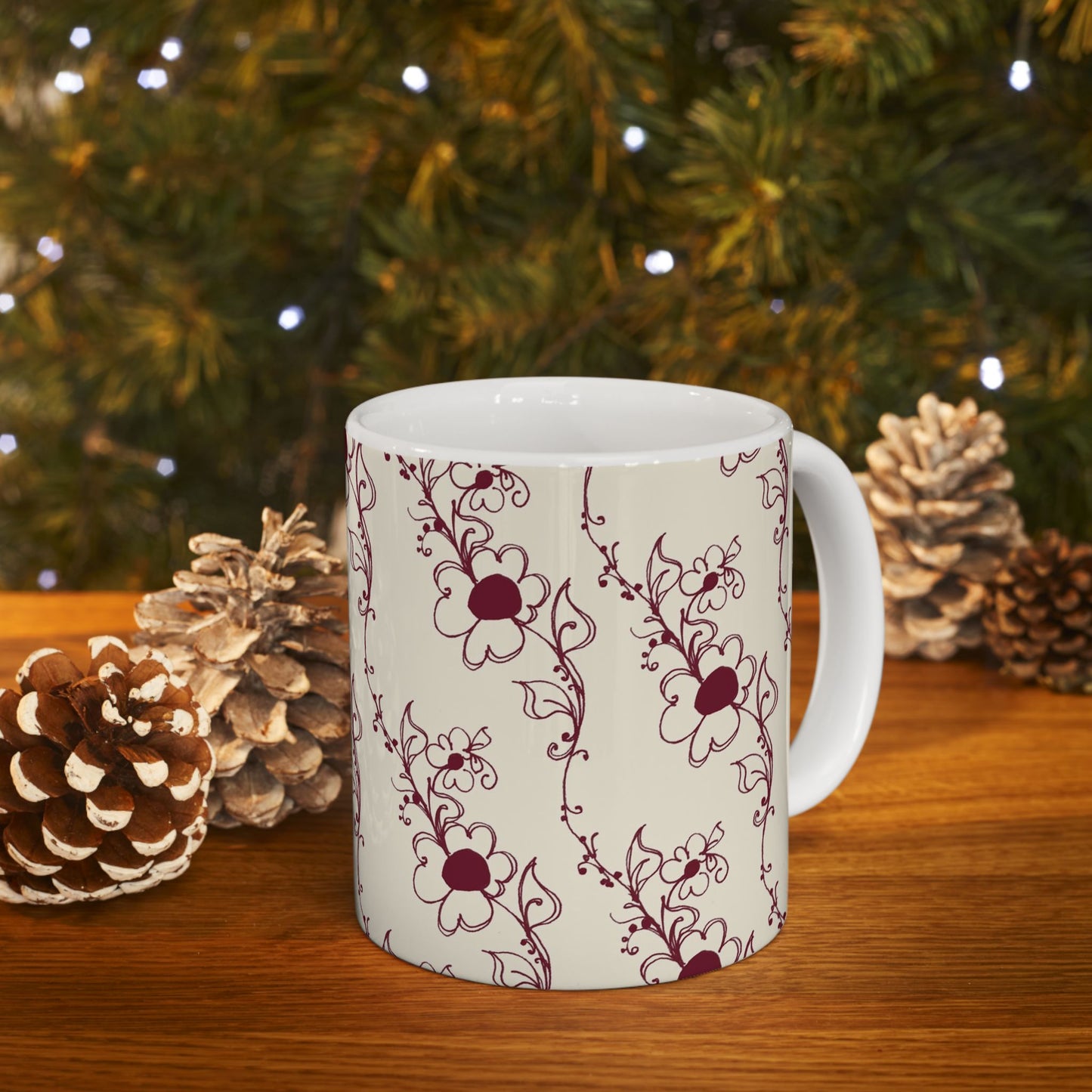 Diagonal Daisies Ivory / Red Cup