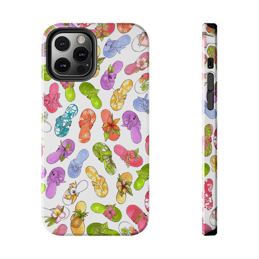 Colorful flip-flops with floral designs on a white phone case, viewed from front and side.