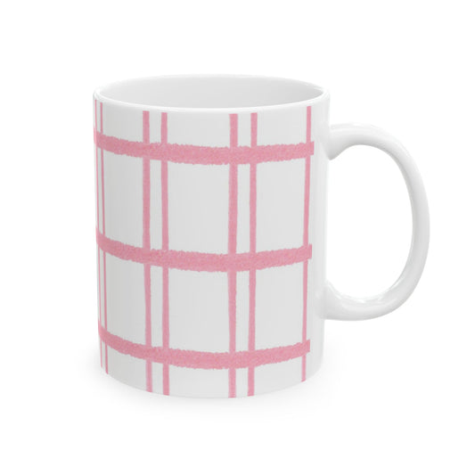White mug with pink plaid pattern, featuring vertical and horizontal lines.