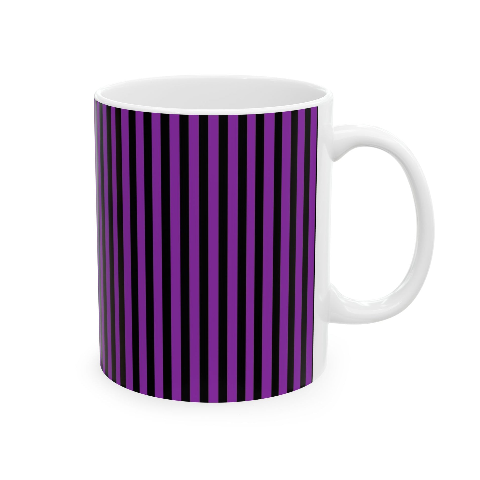 White mug with vertical black and purple stripes, handle on the right, against a white background.