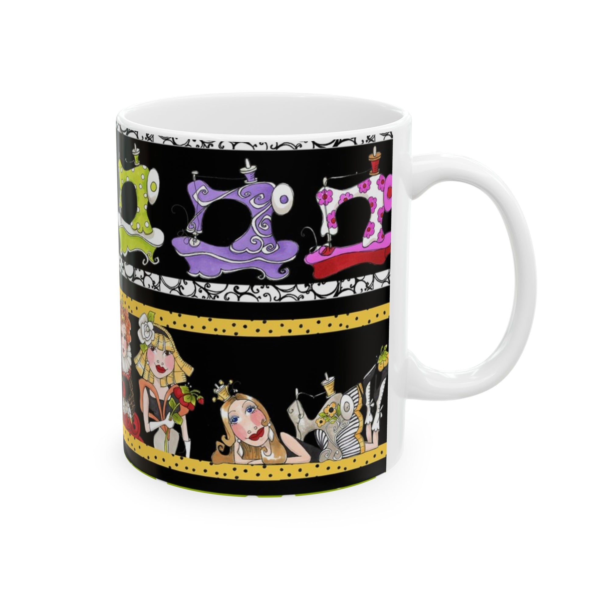 Colorful mug with whimsical sewing machines and stylized figures on a black and yellow dotted background.