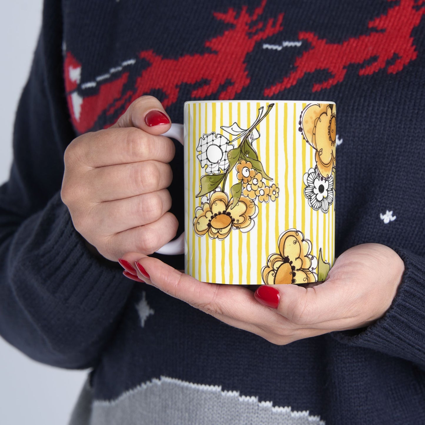 Bee Floral Stripe White / Yellow Cup