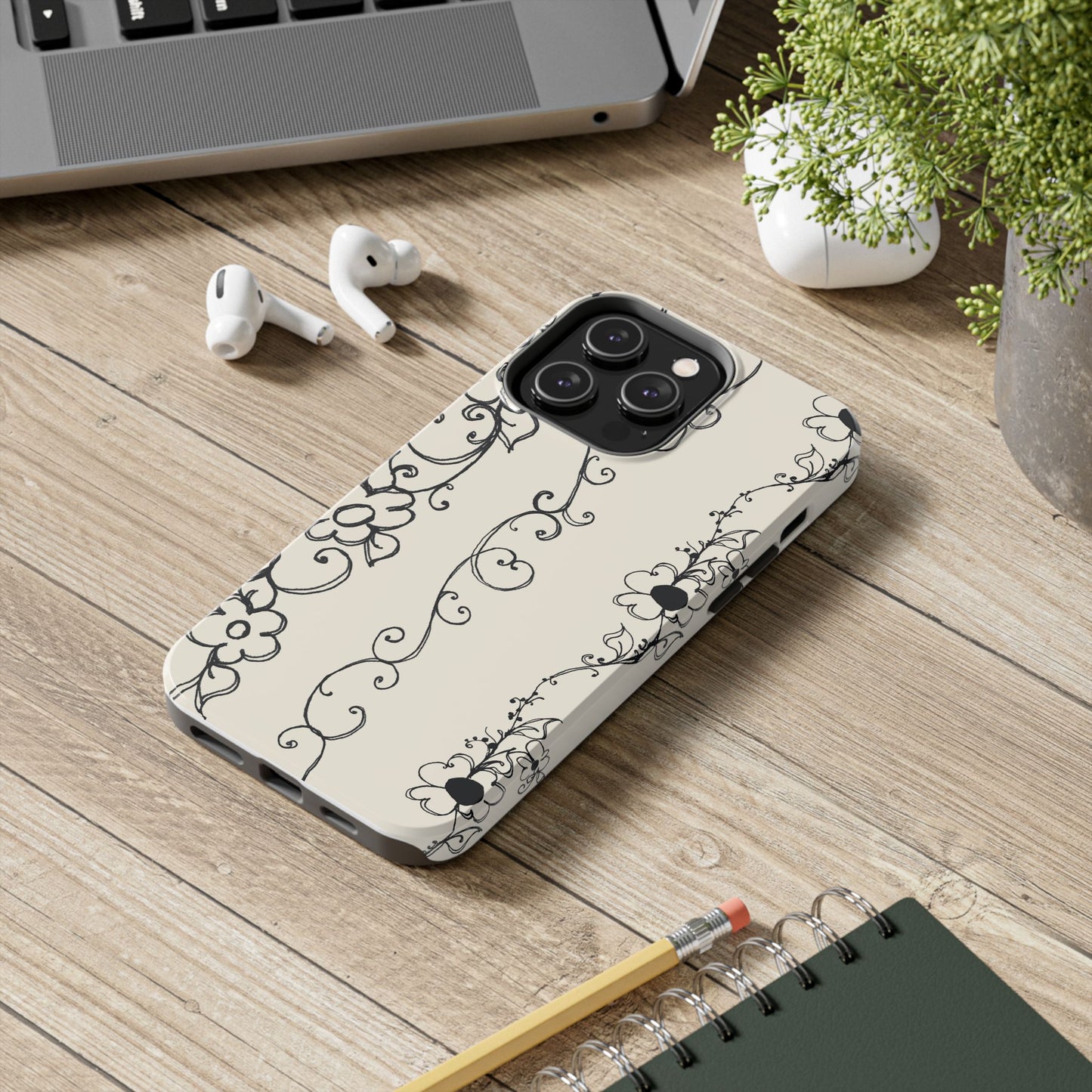 Scroll Flower Stripe Muslin / Black Phone Case
