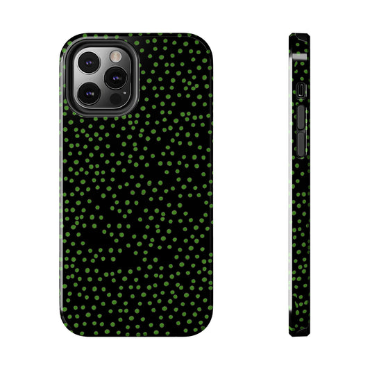 Black phone case with green polka dots and visible camera cutout. Side view shows button details.