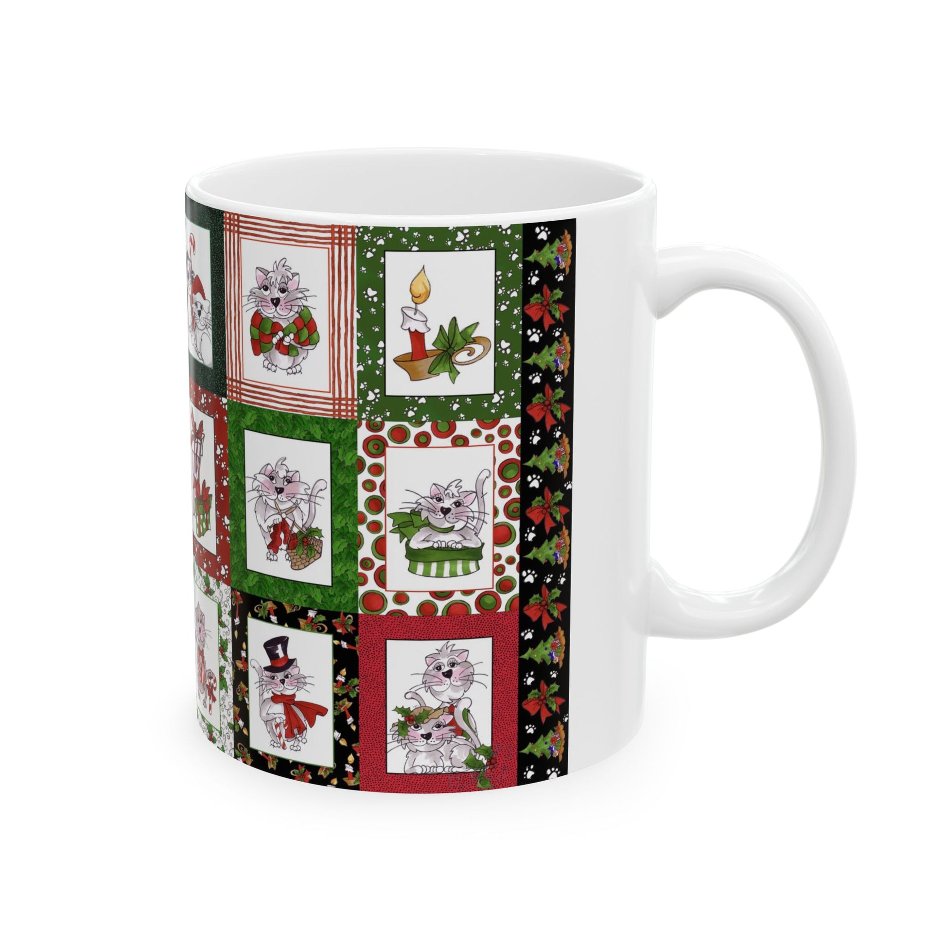 White mug with festive cat illustrations, candle, and patterns in red, green, and black squares.