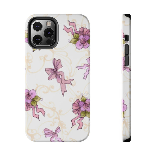 Phone case with pink bows and flowers on a white background with beige swirls.