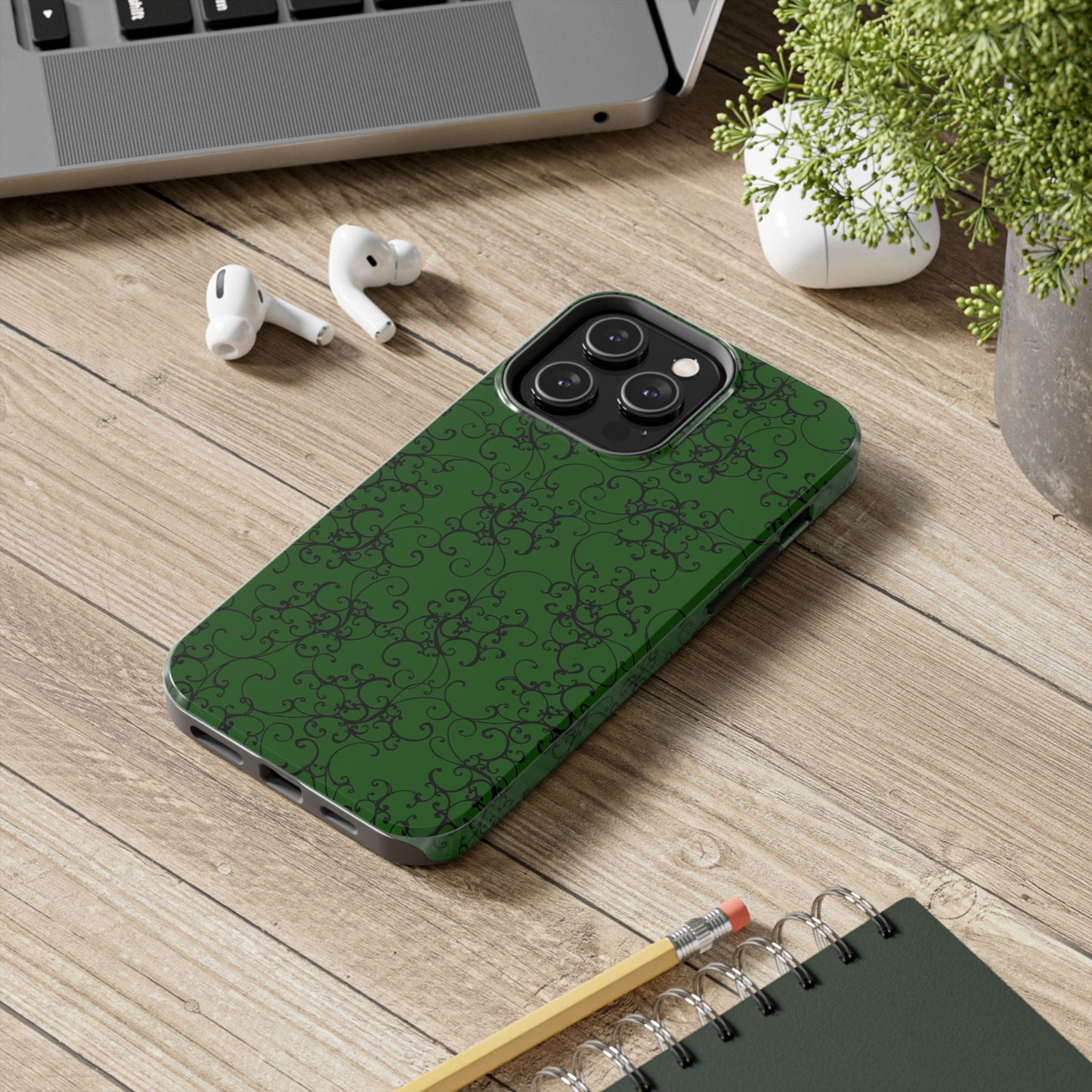 Elegant Scroll Dark Green / Black Phone Case