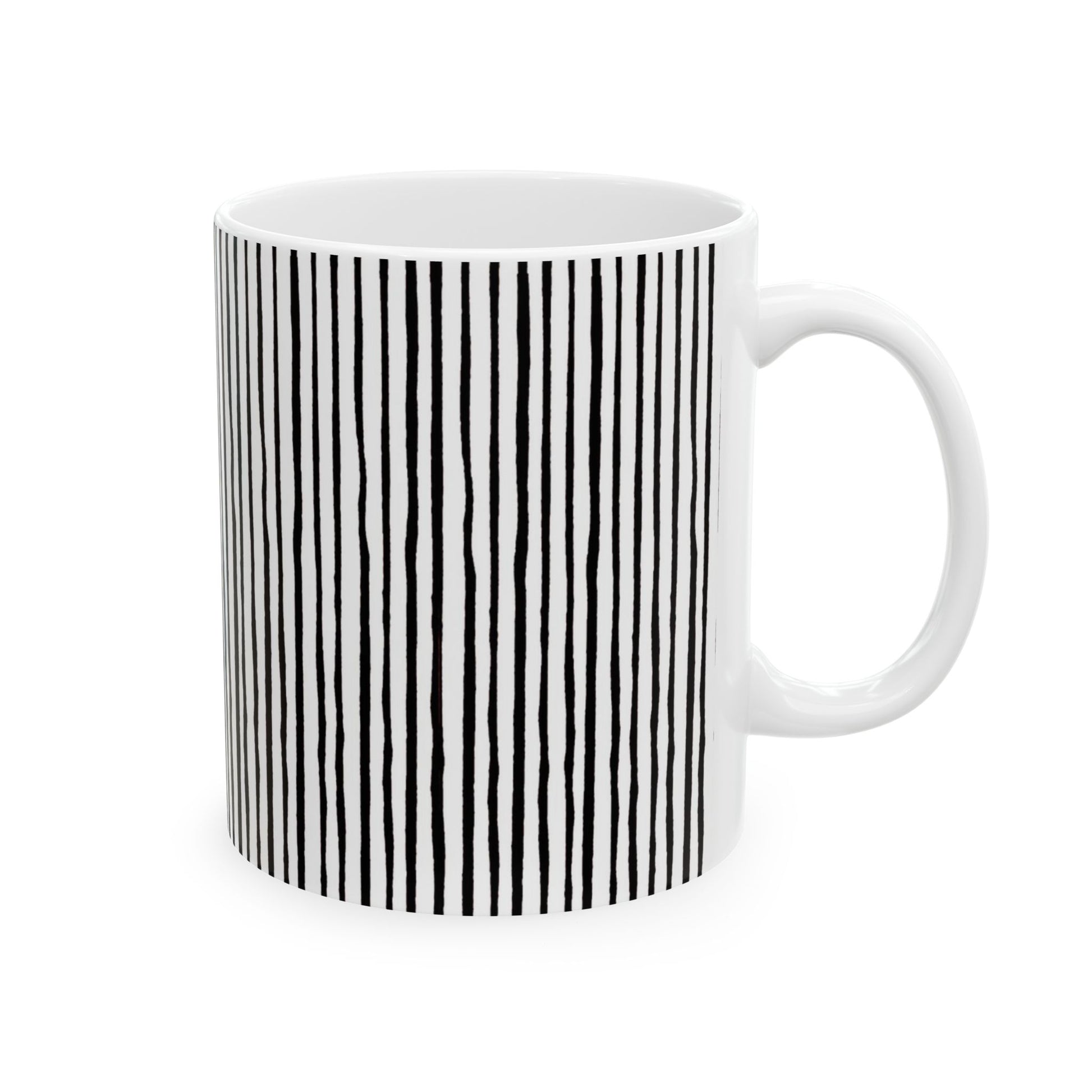 White mug with vertical black wavy lines, creating a striped pattern on the side.