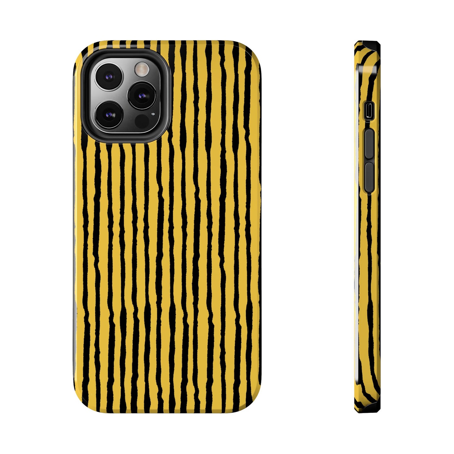 Yellow phone case with vertical black wavy stripes, shown from back and side angles.