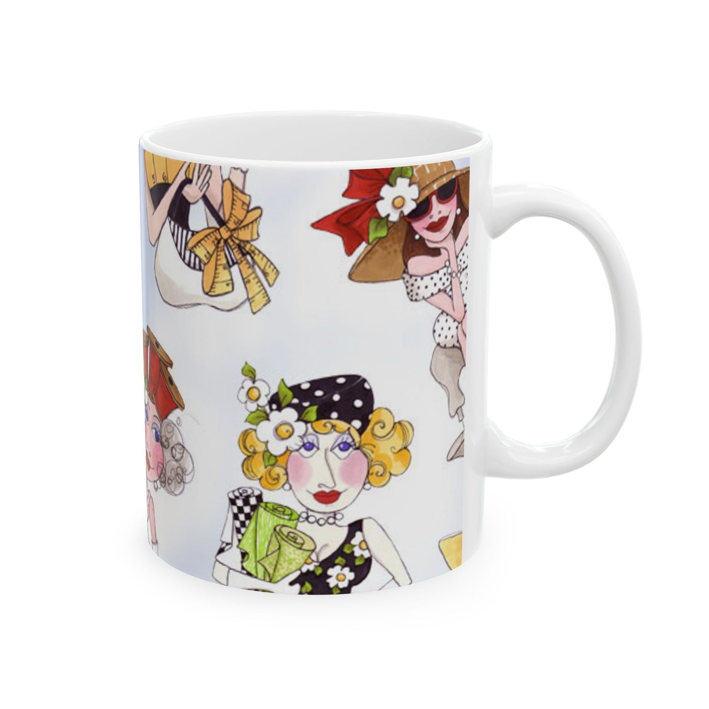 White mug with colorful cartoon women wearing hats and sunglasses, holding various objects.
