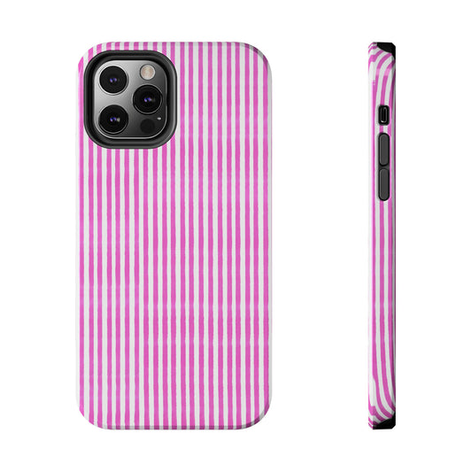 Pink and white striped phone case with three camera cutouts, shown front and side views.