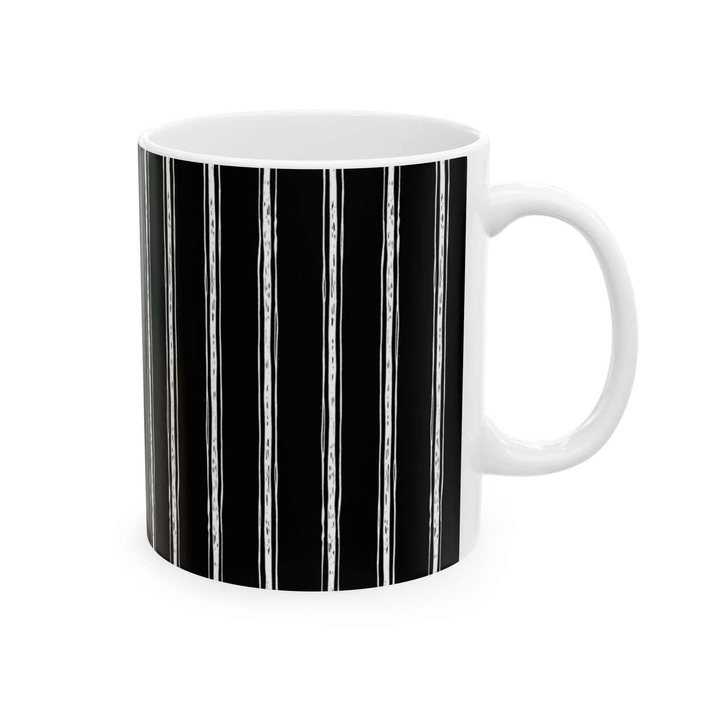 White mug with vertical black and white stripes, plain white interior and handle.