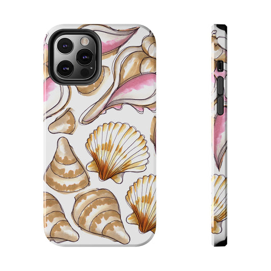 Phone case with a seashell pattern in beige, pink, and brown on a white background.