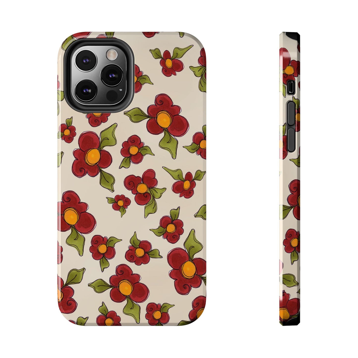 Phone case with red flowers and green leaves on a beige background, shown front and side views.