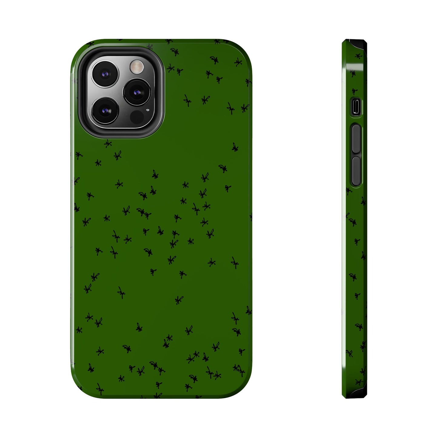 Green phone case with small black ant pattern, shown from the back and side view.