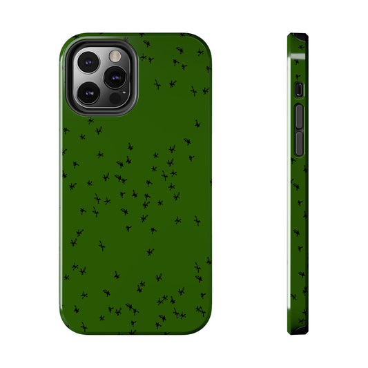 Green phone case with small black ant pattern, shown from the back and side view.