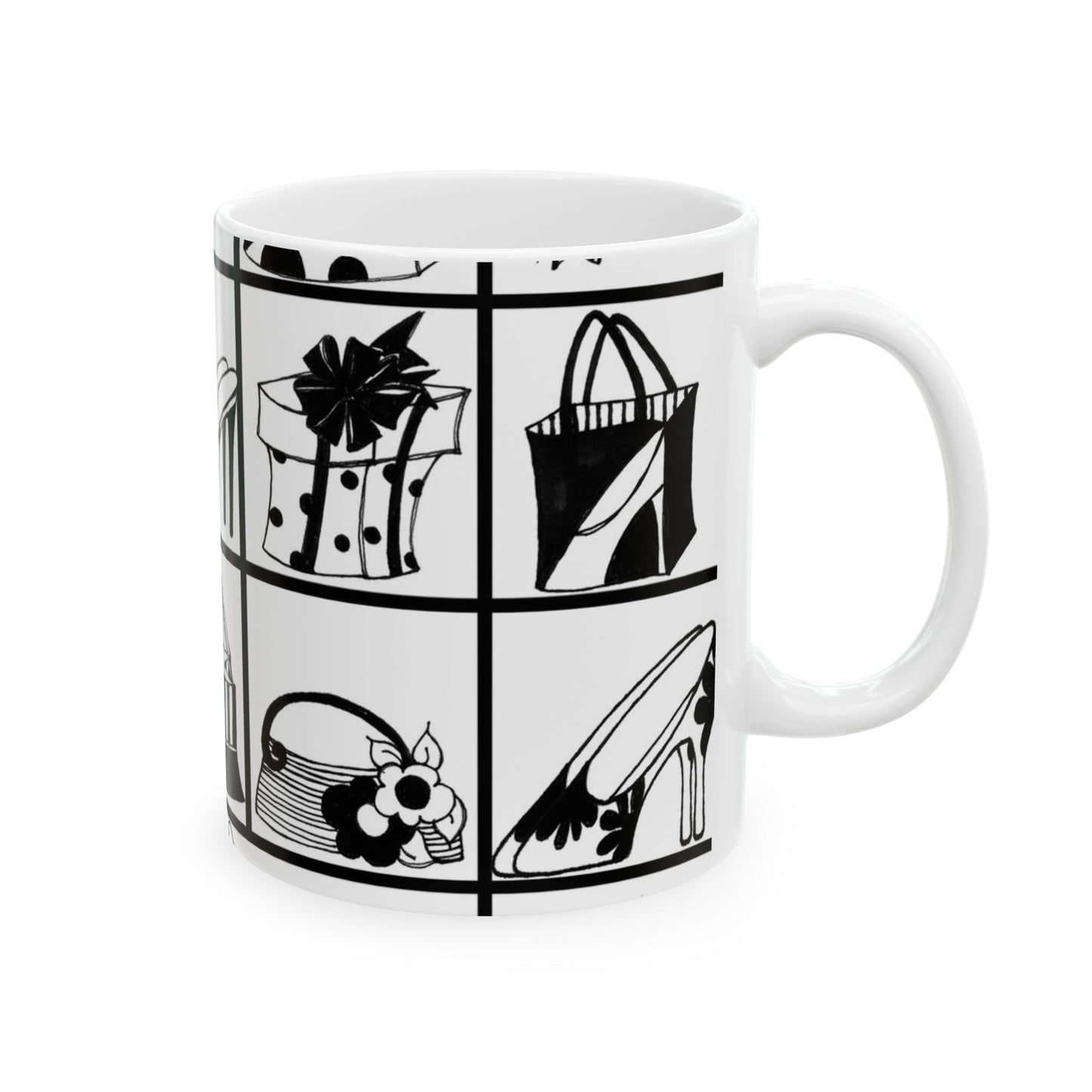 White mug with black fashion sketches: gift box, bag, hat, and high heel shoe in grid design.