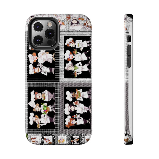 Phone case with cartoon chefs in white uniforms on a black checkered background.