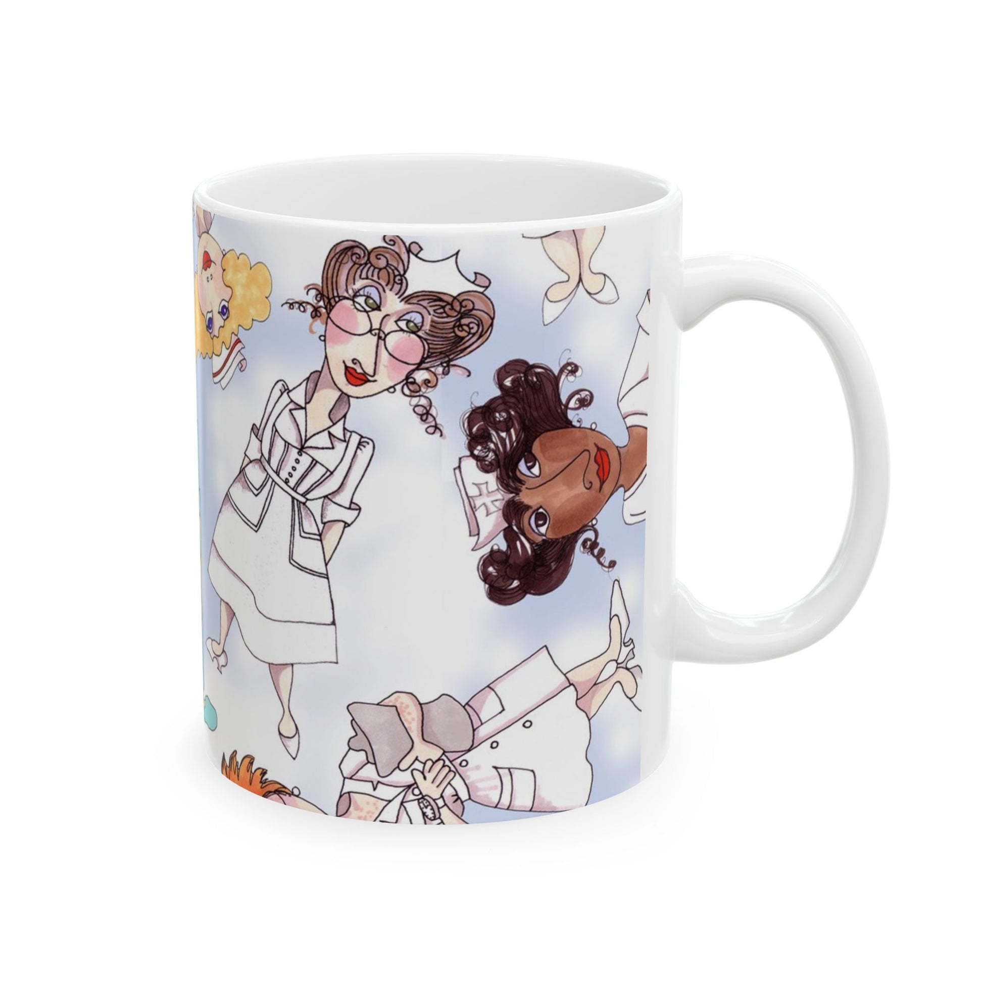 White mug with cartoon nurses in colorful uniforms and hats on a light blue background.