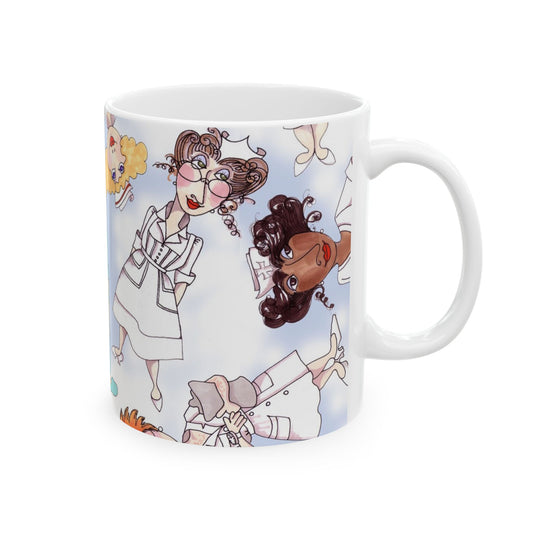 White mug with cartoon nurses in colorful uniforms and hats on a light blue background.