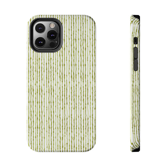 Phone case with green vertical stripes on white background, featuring three camera cutouts.