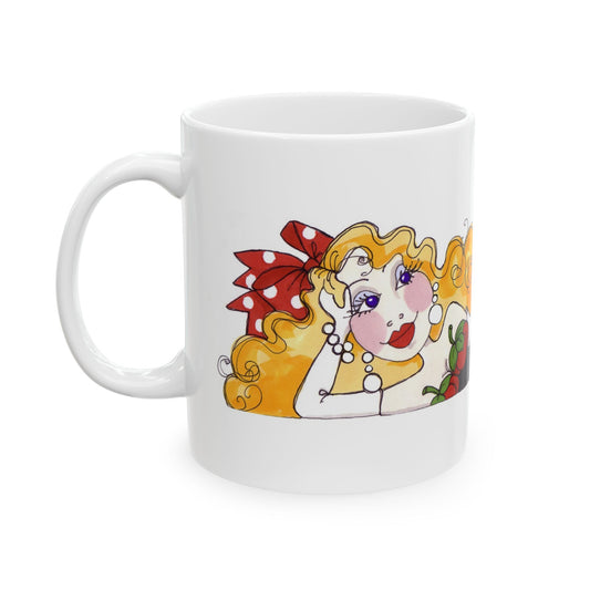 White mug with a colorful illustration of a woman with blonde hair, red bow, and vivid makeup.