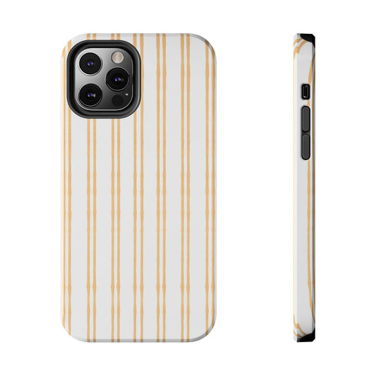 White phone case with vertical beige stripes and a triple camera cutout. Side buttons visible.