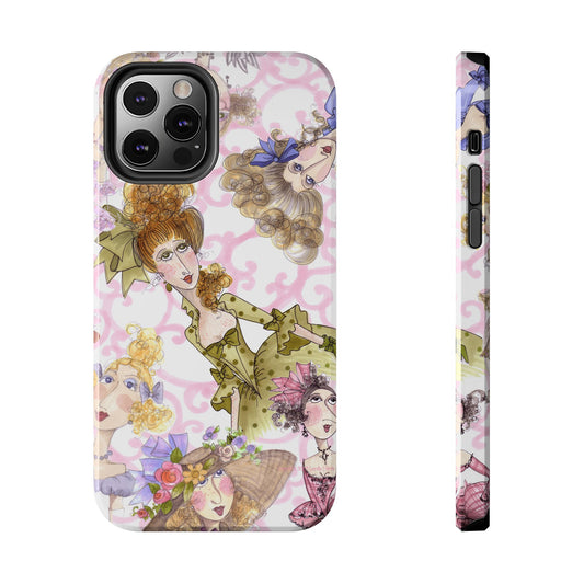 Phone case with illustrated vintage women, pastel colors, and a pink swirled background pattern.