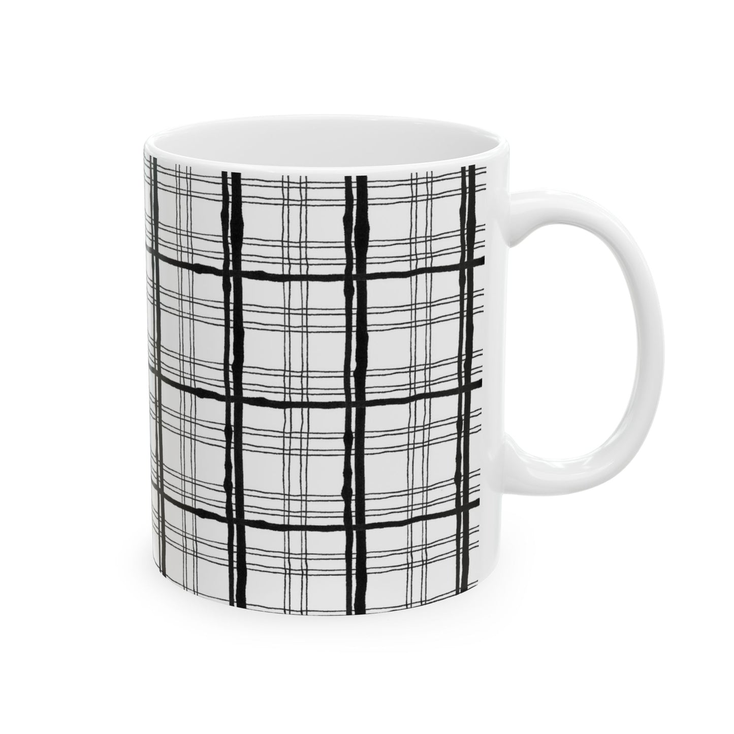 White mug with a black plaid pattern, featuring intersecting vertical and horizontal lines.